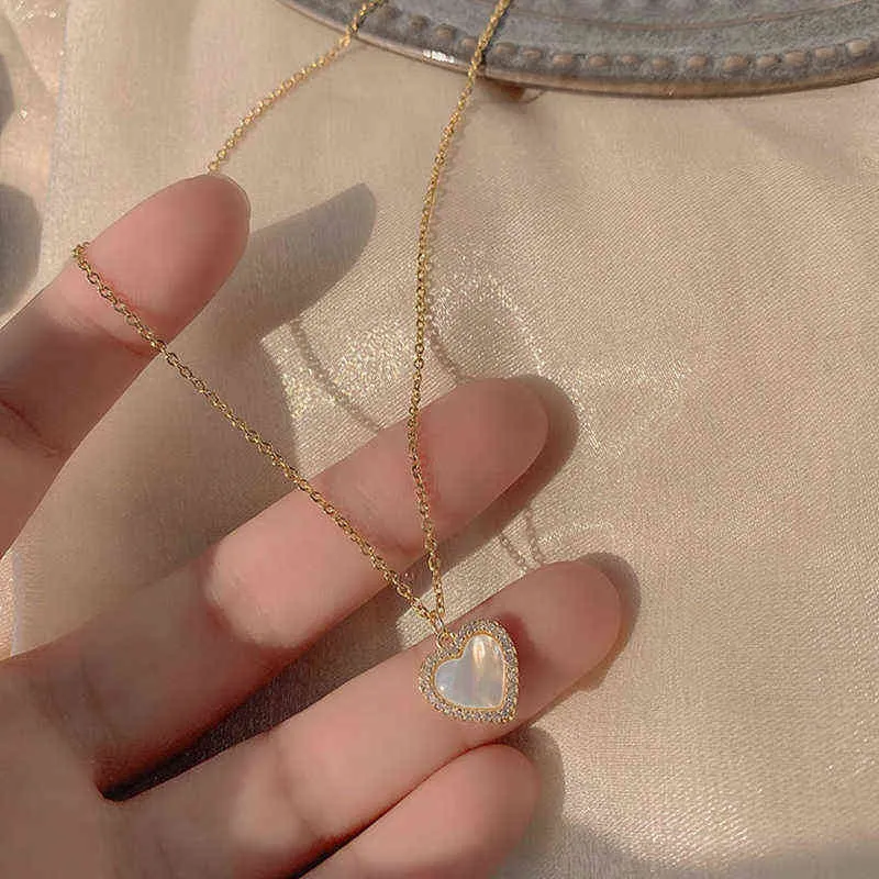 Trendy Fine 14K Real Gold Heart Shaped Opal Chain Pendant Necklace for Women Temperament Jewelry Shiny AAA Zircon Wedding Gift Y220223