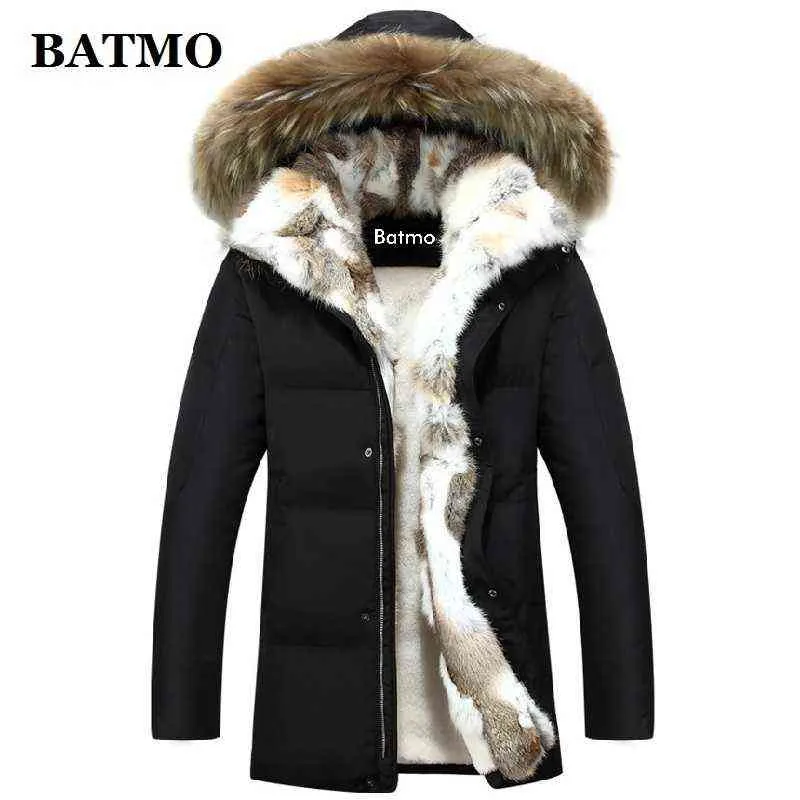 BATMO arrival winter rabbit fur collar 80% white duck down hooded jackets men ,plus-size S-5XL 211104
