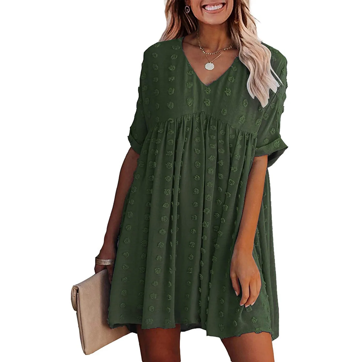 Vestido de Verão Plus Size Casual Casual Cintura Cintura Dot Malha V-Pescoço Cor Sólida Manga Curta Verão Sundresses Moda Vestidos X0521