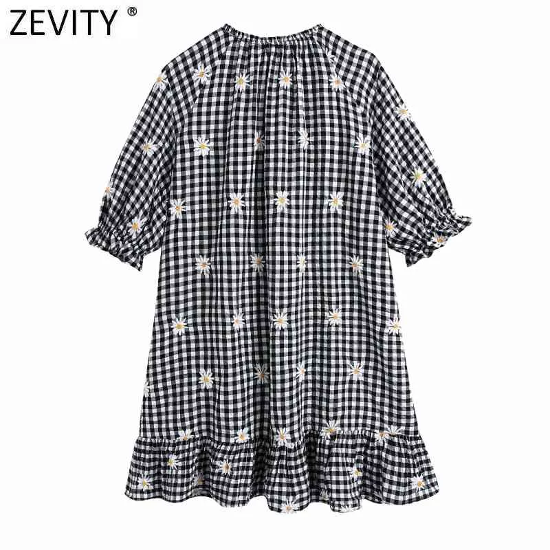 Frauen Vintage Blume Stickerei Plaid Gerade Mini Kleid Weibliche Chic Bogen Gebunden Saum Rüschen Kimono Vestido DS8268 210420