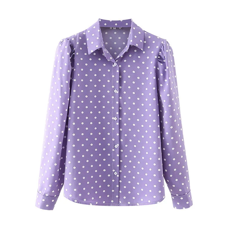 BLSQR Fashion Button Up Polka Dot Print Shirt Vintage Blouse Women Purple Lady Long Sleeves Female Loose Street Shirts 210430