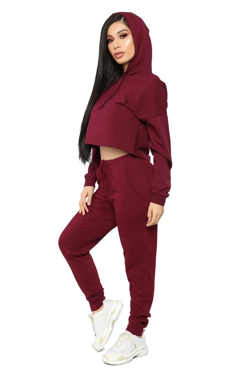 Women Sets Loose Casual Pants Hooded Crop Top Drawstring Long Sweatsuits For Two Piece And 210513