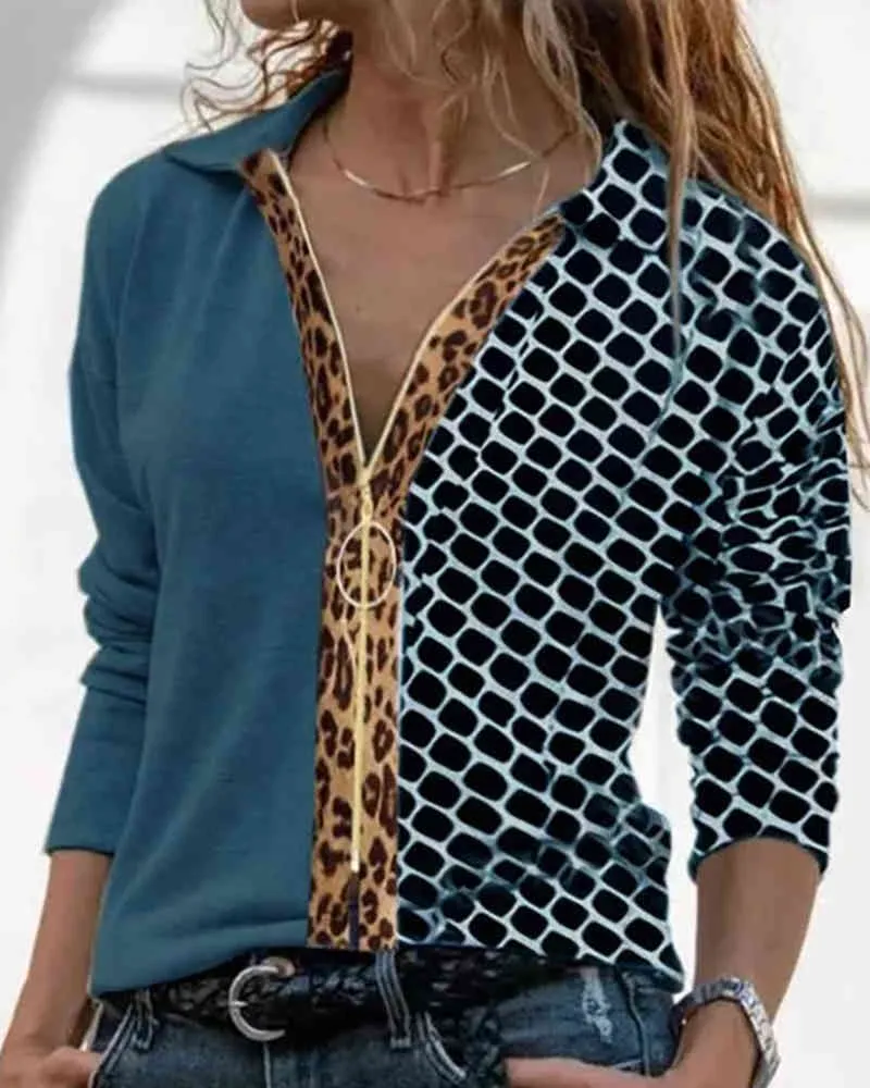 Primavera Elegante Donna Manica Lunga Stampa Cheetah Colorblock Zip Top Camicetta Abiti da Lavoro Femme Stampa Astratta Moda Abbigliamento 210415