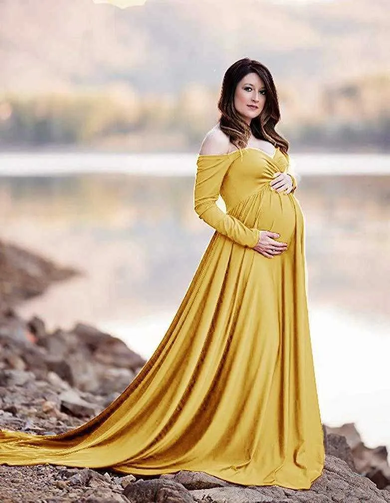 妊娠中の女性のための長い服装妊娠服写真撮影のためのマタニティドレスブルー/黒/白/黄色/緑のガウン