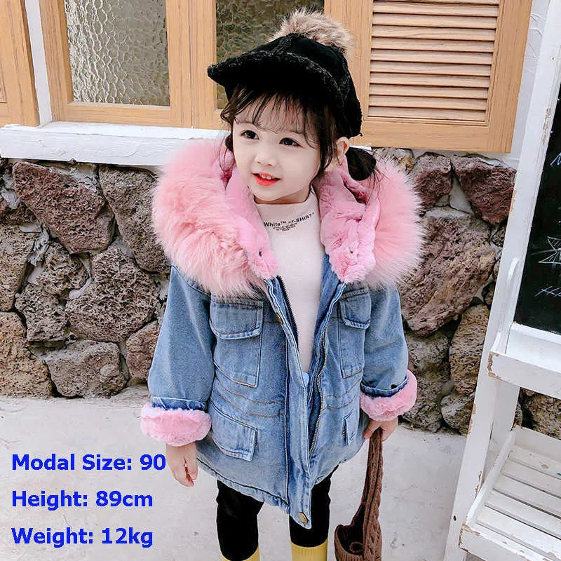 Winter Kleinkind Mädchen Denim Jacke Plus Samt Fell Kapuze Warme Mädchen Oberbekleidung Parka Mantel Baby Dicke Mäntel Kinder Kleidung 2-7 jahre H0909