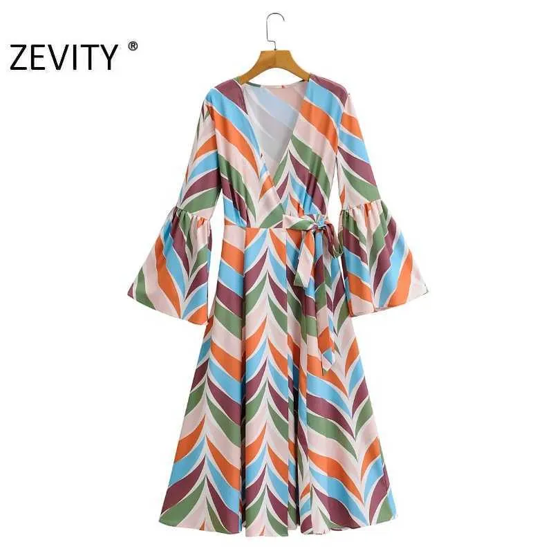 ZEVITY Women Vintage cross v neck colorful striped print casual kimono Dress ladies flare sleeve lace up Vestidos Dresses DS4312 210603