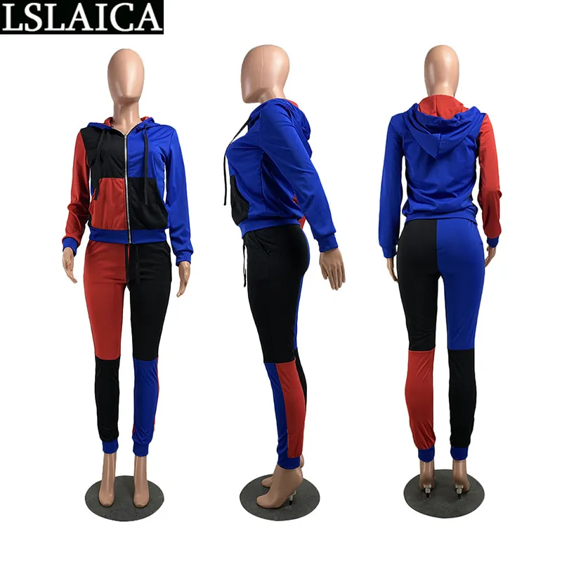 Mode Hooded Sweatshirtwoman Byxor Casual Color Matching Två Piece Outfits För Kvinnor Zipper Loose Roupas Femininas 210515