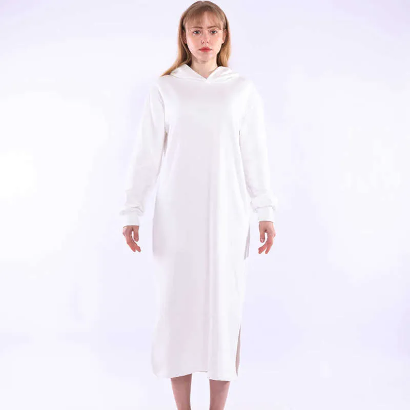 Long Hoodie Dress Femmes Automne Hiver Polaire Poche Kawaii Vintage Casual Blanc Split Maxi Sweats À Capuche Robes Pulls 210928