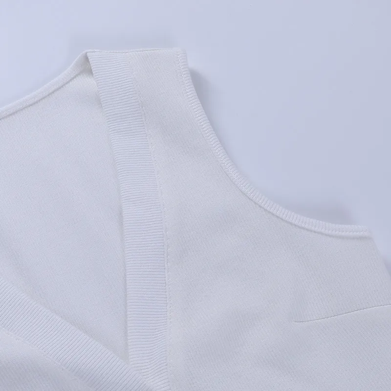 Geribbelde brei witte jurk v-hals mouwloos gespleten knopen omhoog sexy club Midi jurken casual kleding voor vrouwen zomer vestidos 210517