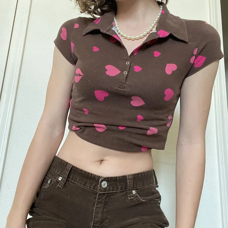 Pink Heart Printed Brown Short Sleeve Women's T-Shirt For Girls Cute Fashion Kawaii Turn-Down Collar Y2k Crop Top Tee Shirt 210510