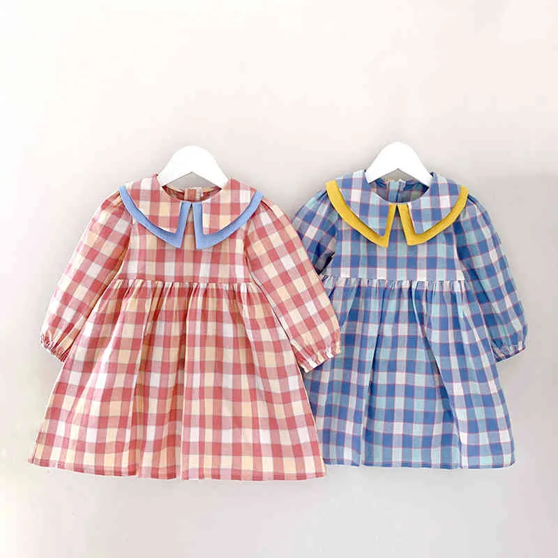 Kızlar Elbise Moda Ekose Yaka Renk Eşleştirme İlkbahar Yaz Uzun Kollu Çocuk Prenses Bebek Kız Giysileri 210515
