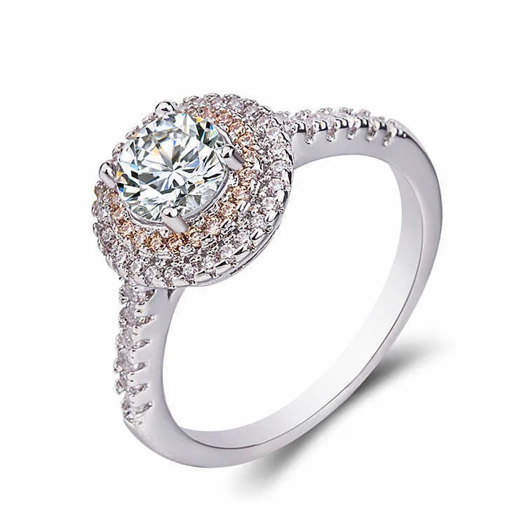 Kvinnor Ringar Crystal Silver Bröllop Charm Princess Round Stone Ring Engagement Smycken Lady Cluster Styles Band