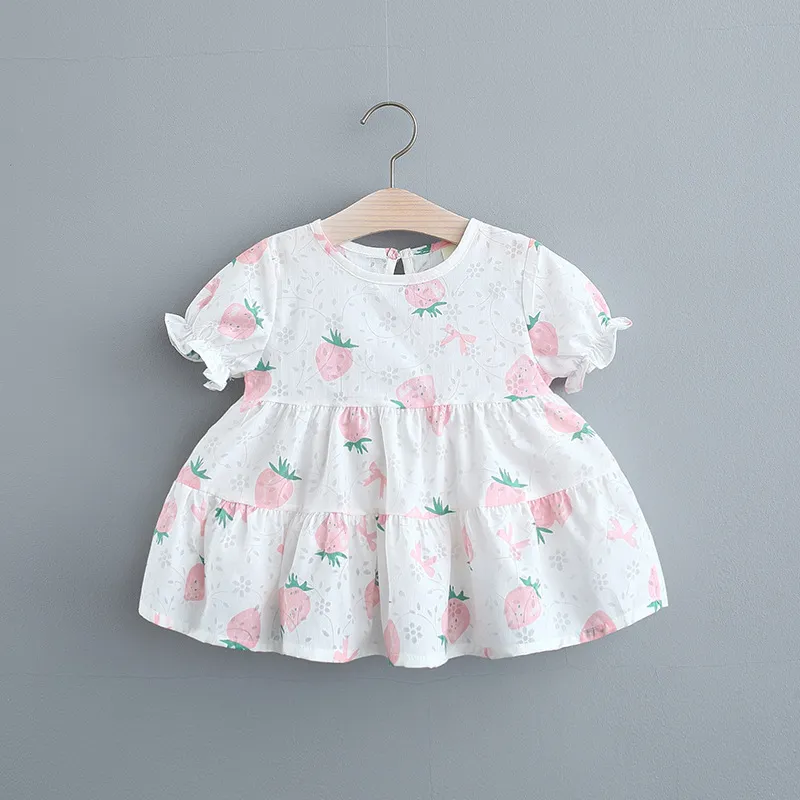 Urso Leadre Meninas Bebê Princesa Vestidos Criança Morango Bow Impressão Vestidos Born Infantil Bonito Roupas Bonito Trajes Casuais 210429