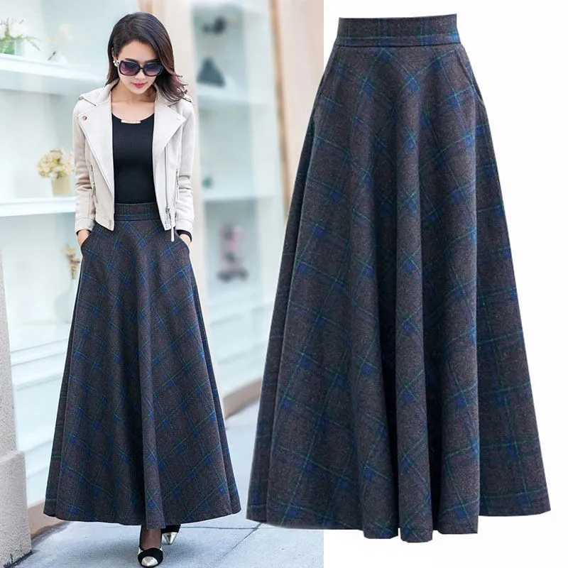 Grande taille 3XL taille haute jupes faldas mujer moda femmes Maxi laine jupe élastique élégant bureau dame longue Plaid 210421