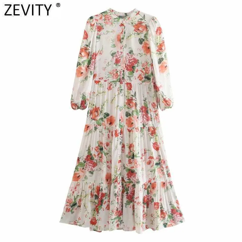 Zeefity Dames Mode Floral Print Plooien Single Breasted Shirts Vrouw Drie Kwart Moe Midi Vestido Chic Jurken DS8391 210603