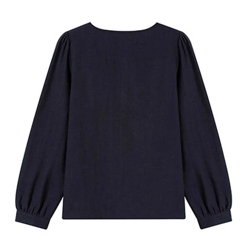 Misschien u Vrouwen Chic White Navy Blue O Neck Lange Mouwen Shirt Blouse Ruche Winter Herfst Kant B0736 210529