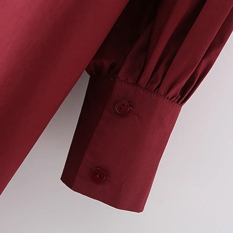 Donne Single Pocket Wine Red Semplicità Mini abito camicia Donna manica lunga Abbigliamento Office Lady Vestido allentato D7522 210430