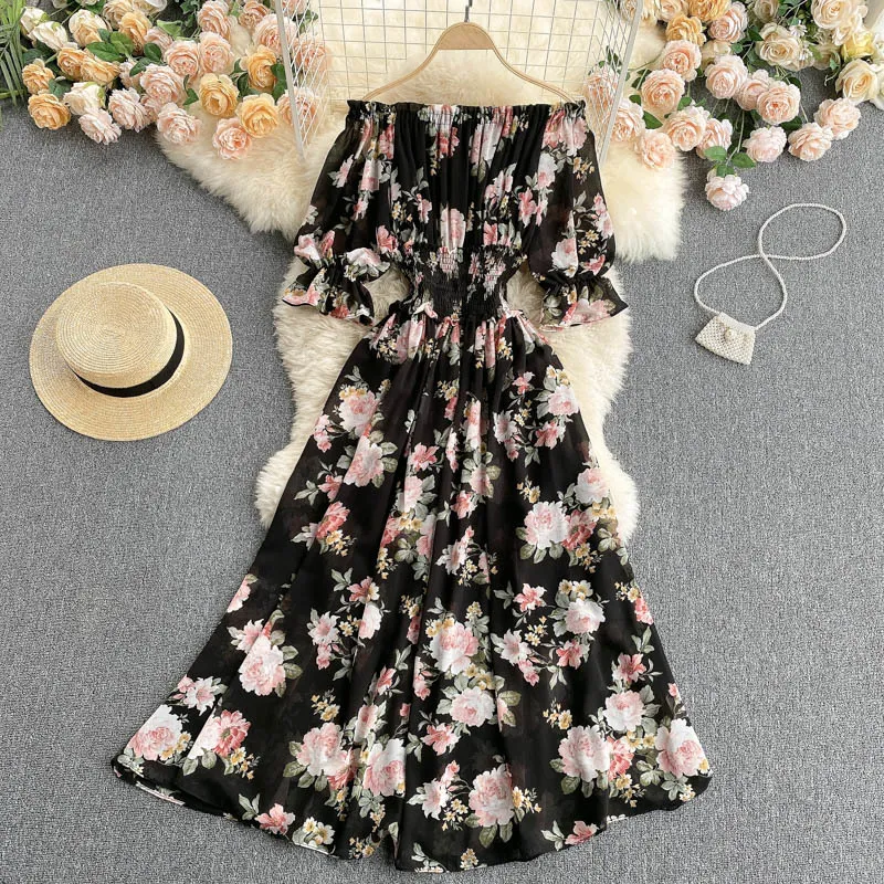 Singreiny Kobiety Off Ramię Kwiatowa Dress Sexy Slash Neck Rękawem Puff Rękaw Ruched A-Line Sukienka Lato Boho Drukuj Szyfonowa Plażowa Dress 210419