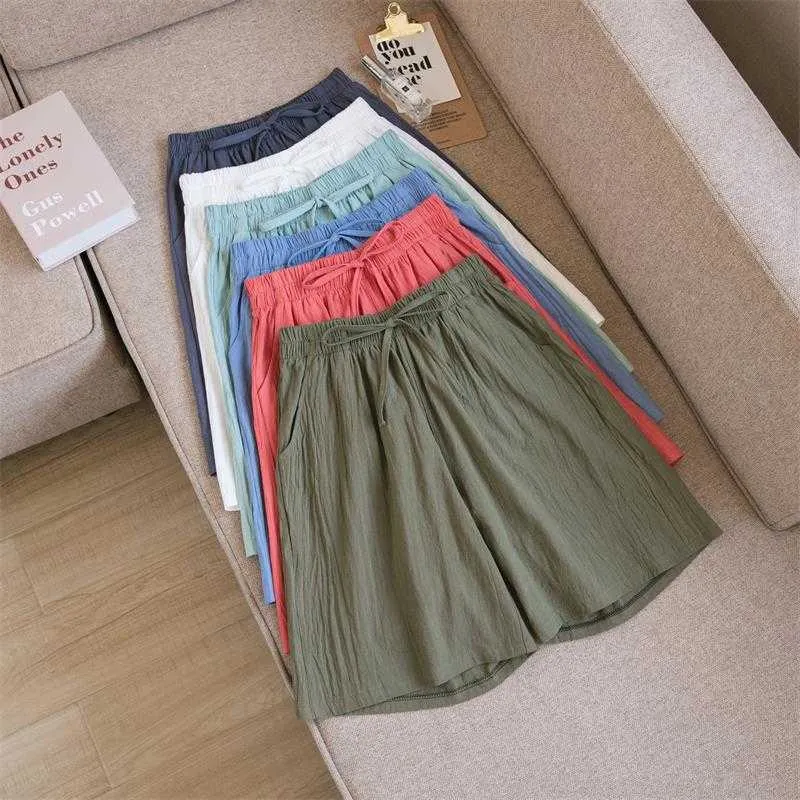 Cotton Linen Pants Summer Breathable Knee Wide-leg Loose Plus Size Trousers Women Short Pantalones De Mujer Q0801