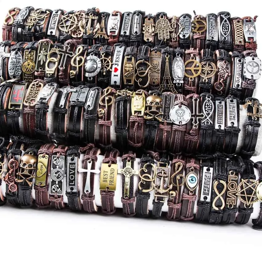 Hoqiaga 100st läder armband män kvinnor äkta vintage punk rock retro par handgjorda manschett armband hel parti bulk 2103262c