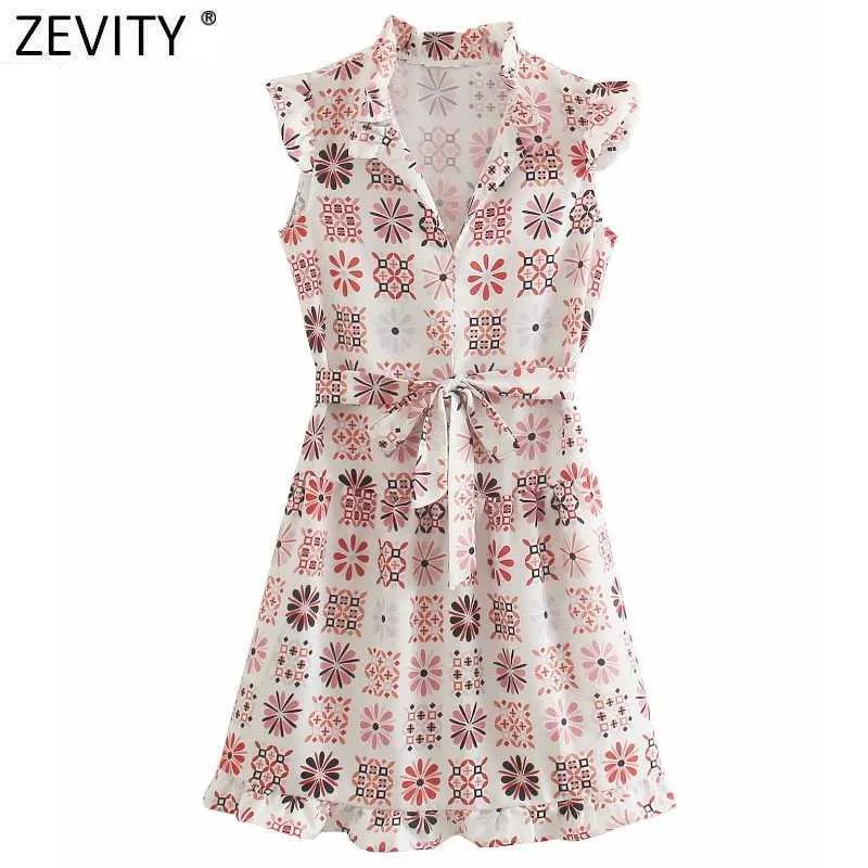 Zevity Holiday Style Kobiety Sweet Pleat Ruffles Patchwork Floral Print Casual Shirt Dress Sukienka Kobieta Chic Bow Sashes Vestidos DS8178 210603