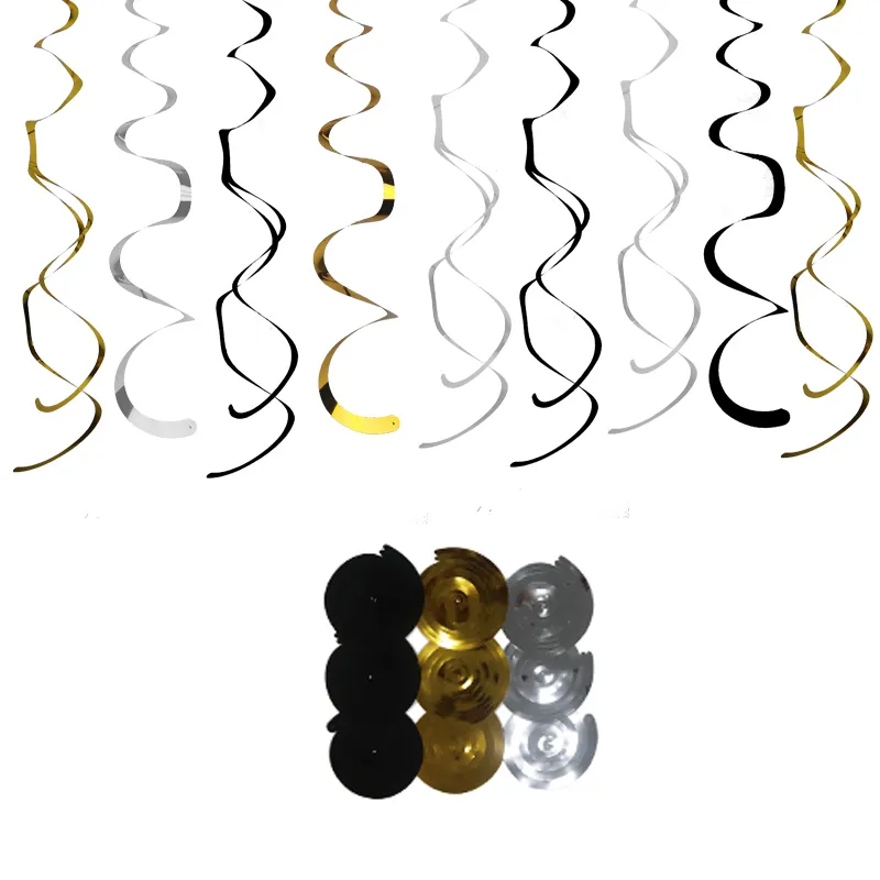 33 Pz / set Banner in oro nero Lattice Coriandoli Palloncino Pompon di carta Fiore Spirale Appeso Decorazione di buon compleanno Forniture feste 210408