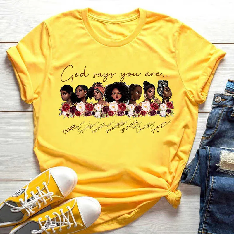 여성 캐주얼 Tshirts 여름 새로운 패션 Melanin 흑인 여자 그래픽 인쇄 노란색 T-셔츠 여성 만화 짧은 소매 탑 티 X0527