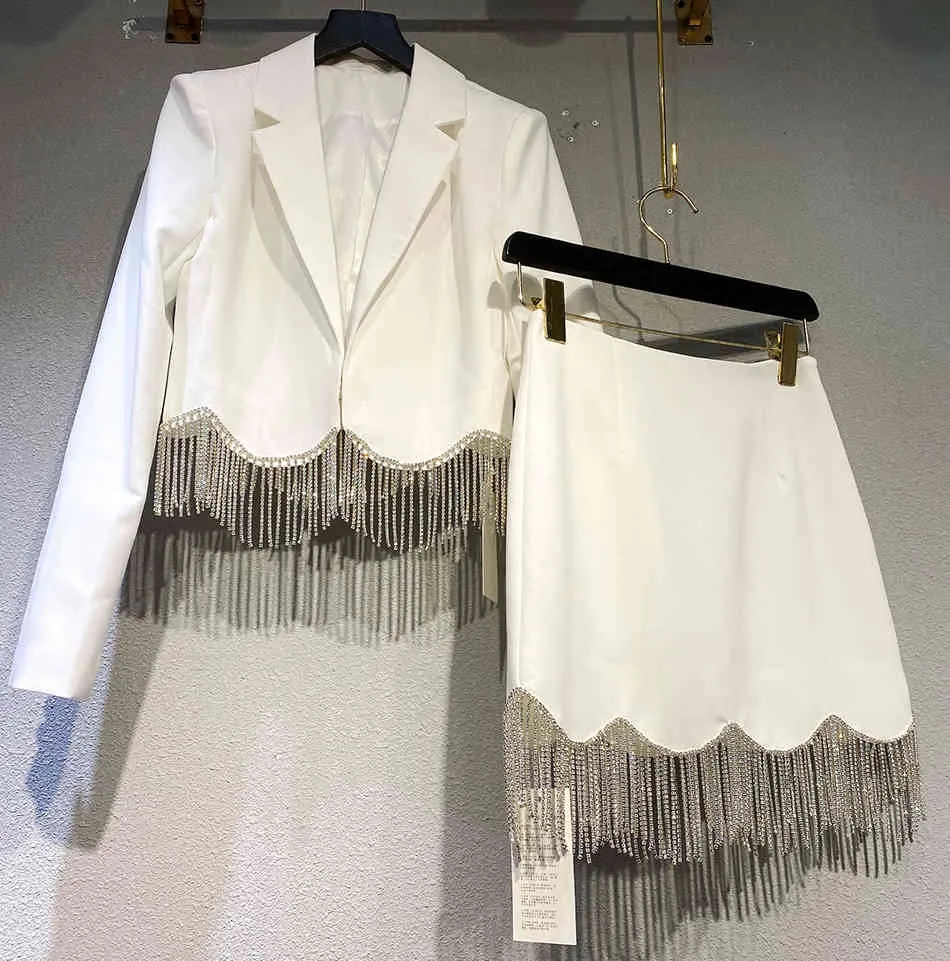 Free Women's Suit Sexy Lapel Long Sleeve Diamond Tassel Short Jacket & Mini Skirt Two Piece Set 210524