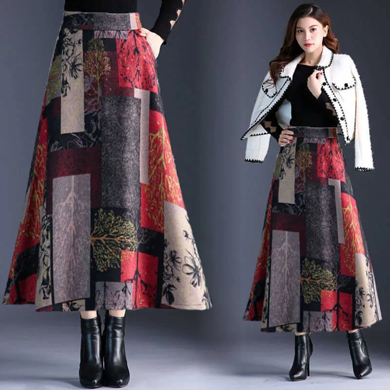 Plus Size 4XL Printed Fllowers Red Long Skirts Fashion Winter Women Casual Maxi Skirt Femme Elastic High Waist Plaid Wool Skirt 210619