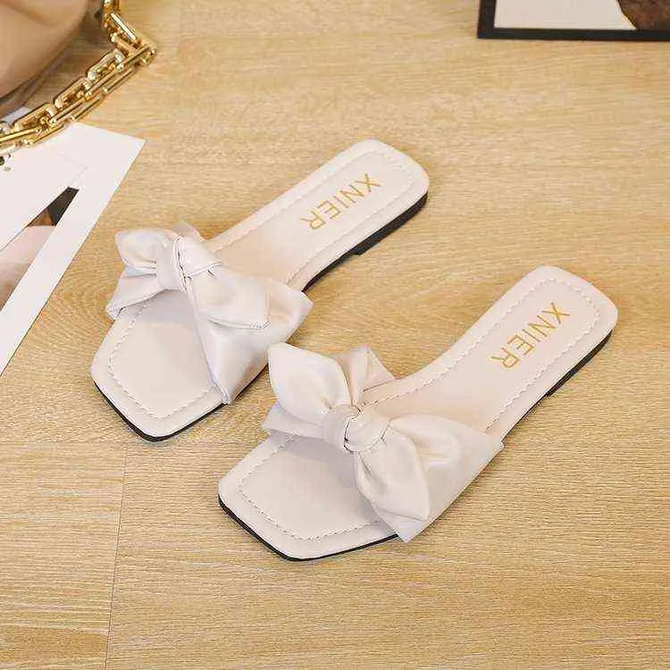2022 summer fashion women's bow square head sandals and slippers flip flops beach women's slippers large size 35-43 Y220214