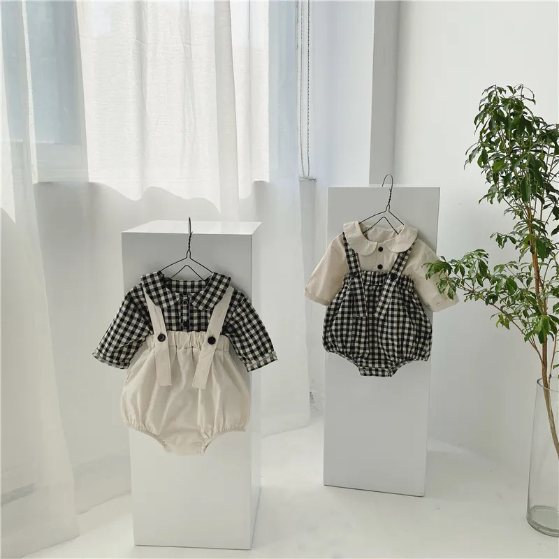 Baby Meisjes Leuke Doll Shirt en Plaid Bodysuit 2 stks Past Baby Katoen All-match Outfits Infant Kinderkleding Sets 210508