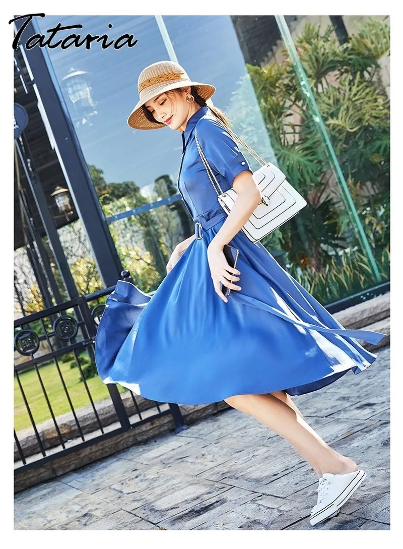 Femmes élégante robe mi-longue bleu à manches courtes col rabattu chemise de bureau vêtements pour femmes français bébé printemps 210514