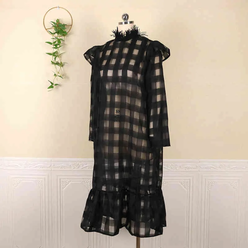 Femmes surdimensionné longue robe noire couverture voir si Plaid Maxi robes à manches longues été automne mode Street Party Club tenues G1214