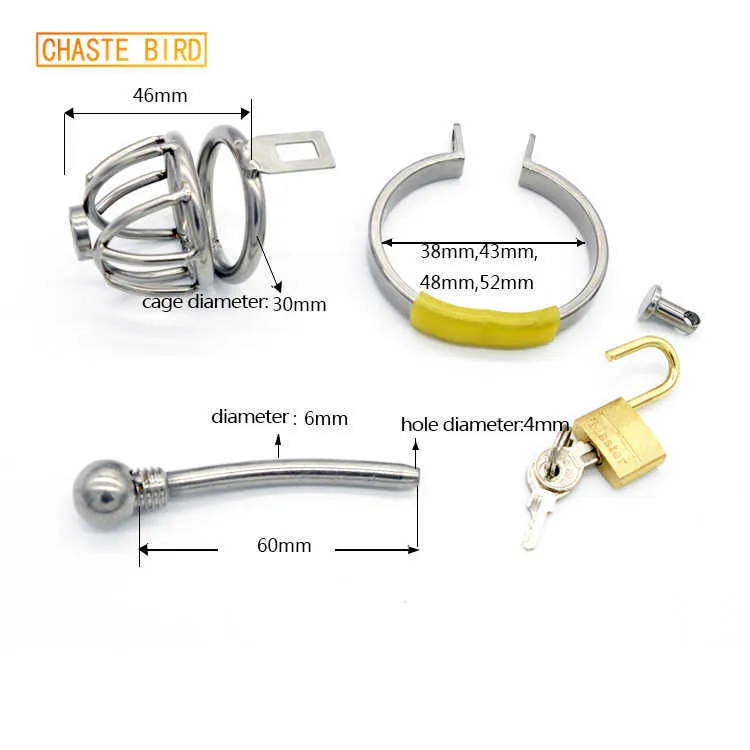CHASTE BIRD New Stainless Steel Metal Male Chastity Device with Catheter Plug Cock Cage Penis Belt Sex Toy BDSM A099 P0826