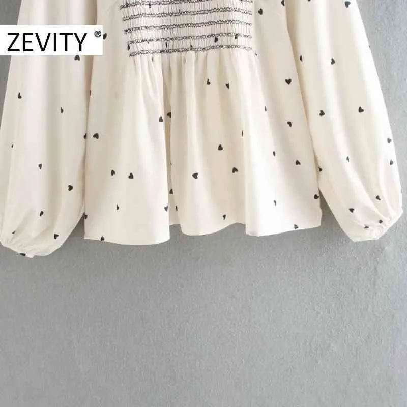 Women Sweet Agaric Lace Hearts Print Elastic Smock Blouse Office Ladies Lantern Sleeve Shirts Chic Blusas Tops LS7272 210420