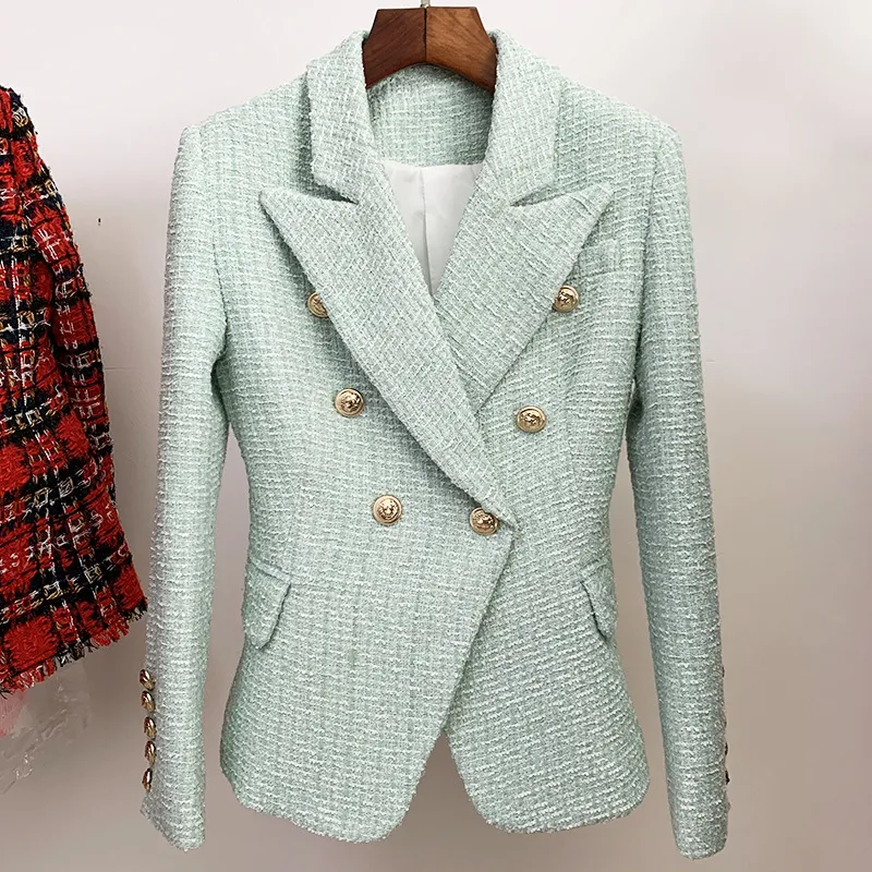 Tweed Mint Green Blazer Damen Sommerjacke Mantel Slim Office Business Zweireihig gewebte Wolle 210525