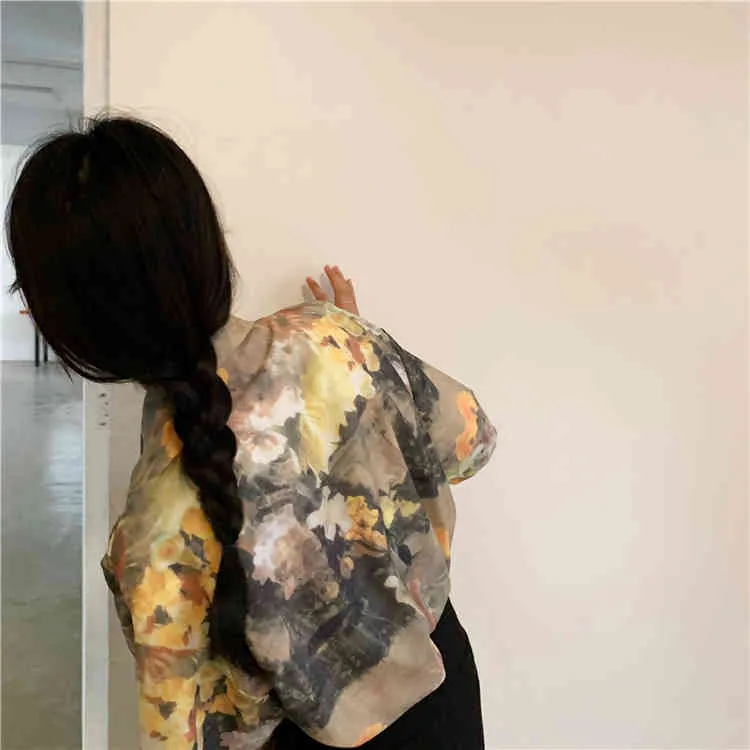 Camicie da donna vintage con pittura a olio camicetta estiva a maniche corte colletto con bottoni fiore coreano 210427