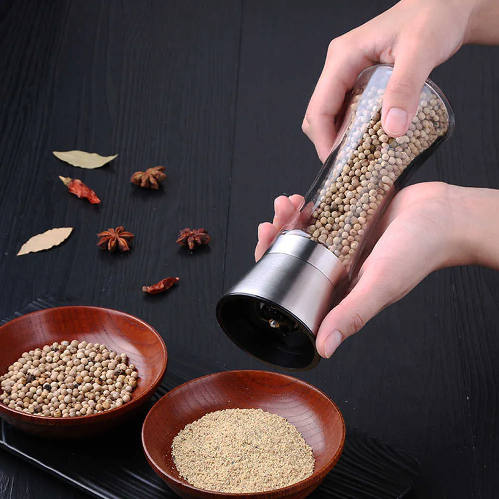 Premium Stainless Steel Salt and Pepper Grinder Shakers Glass Body Spice And Mill with Adjustable Ceramic Rotor 210611