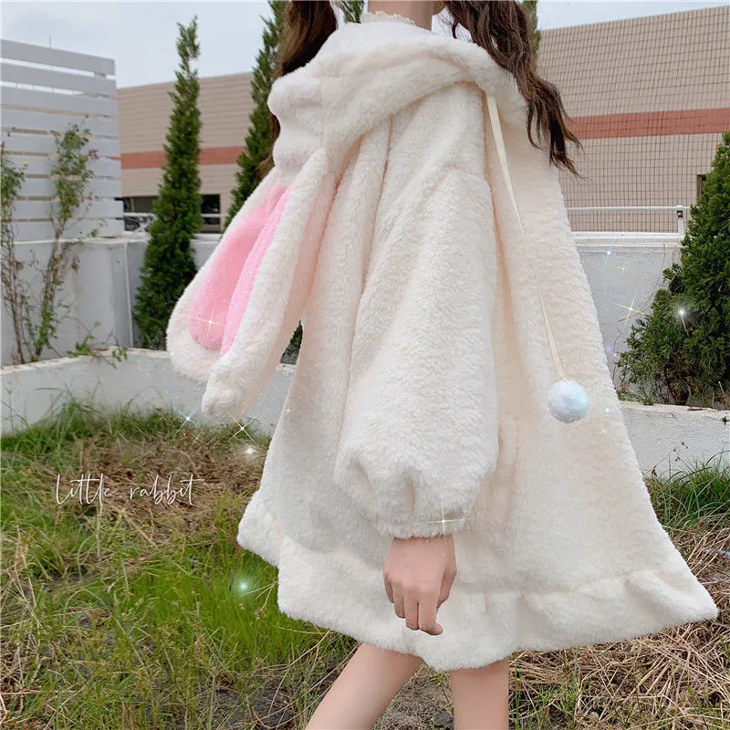 Wonder Sweet Warm Fur Coat Winter Rabbit Hat Loose Kawaii Zipper Tjock Kvinna Casual Koreansk Overcoat 210510