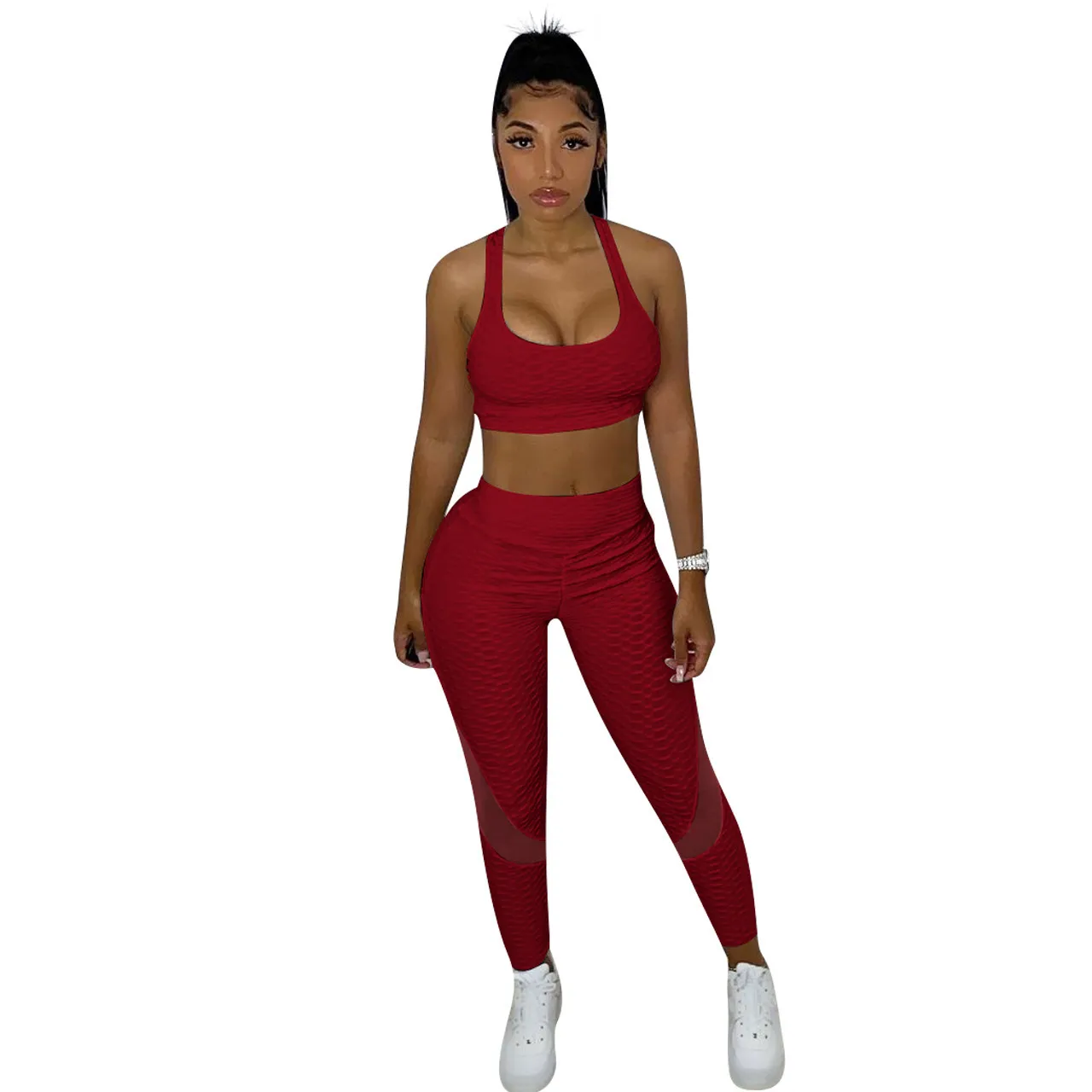 Kadın Eşofman Katı Renk 2 Parça Set Süper Elastik Ananas Kumaş Yelek Pantolon Ekleme Yoga Kıyafetler Spor Giyim Bayanlar Sportwear 2021
