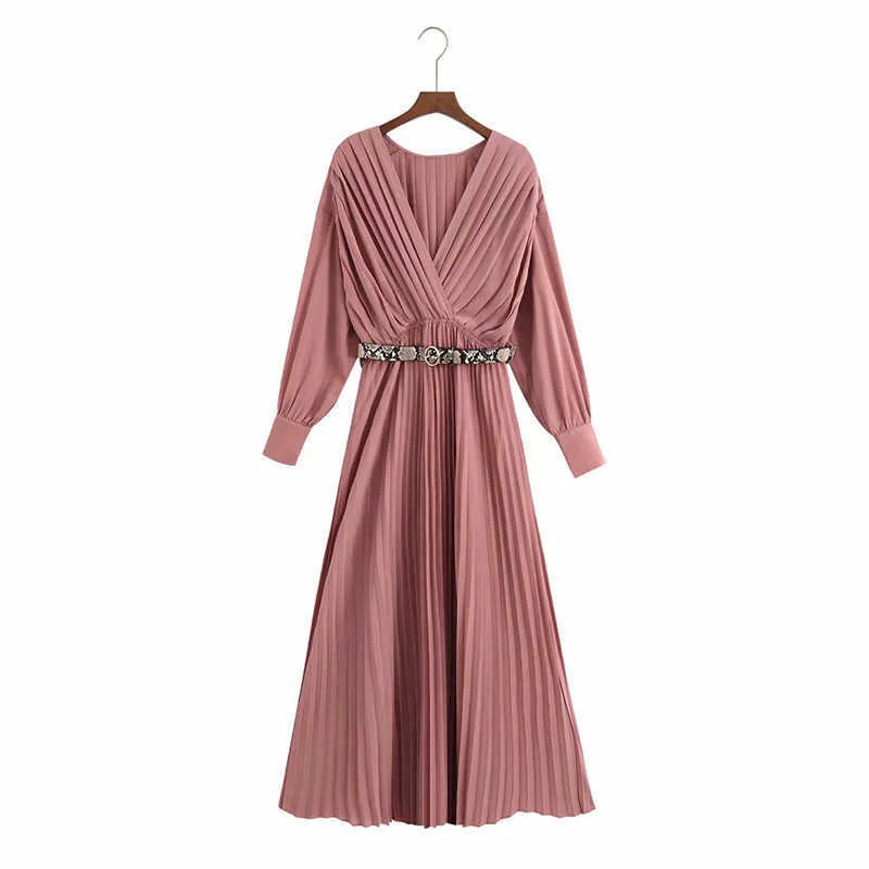 Za Pläterad Midi Dress Women Wrap V-Neck Långärmad Spänne Bälte Långa Semester Klänningar Kvinnlig Elegant Party Dress 210602