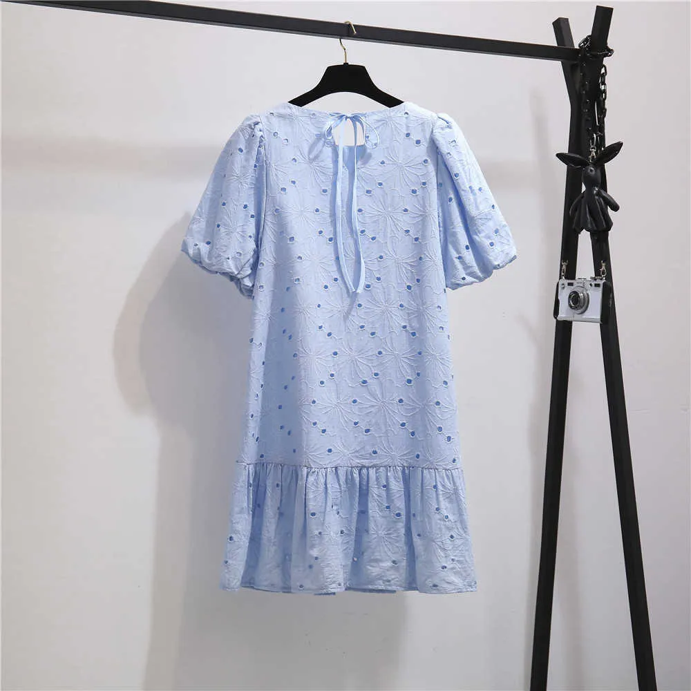 Kadınlar Yaz Oymak Elbise Rahat Gevşek Puf Kollu Ruffles Ofis Kore A-Line Katı Streetwear Kısa 210529