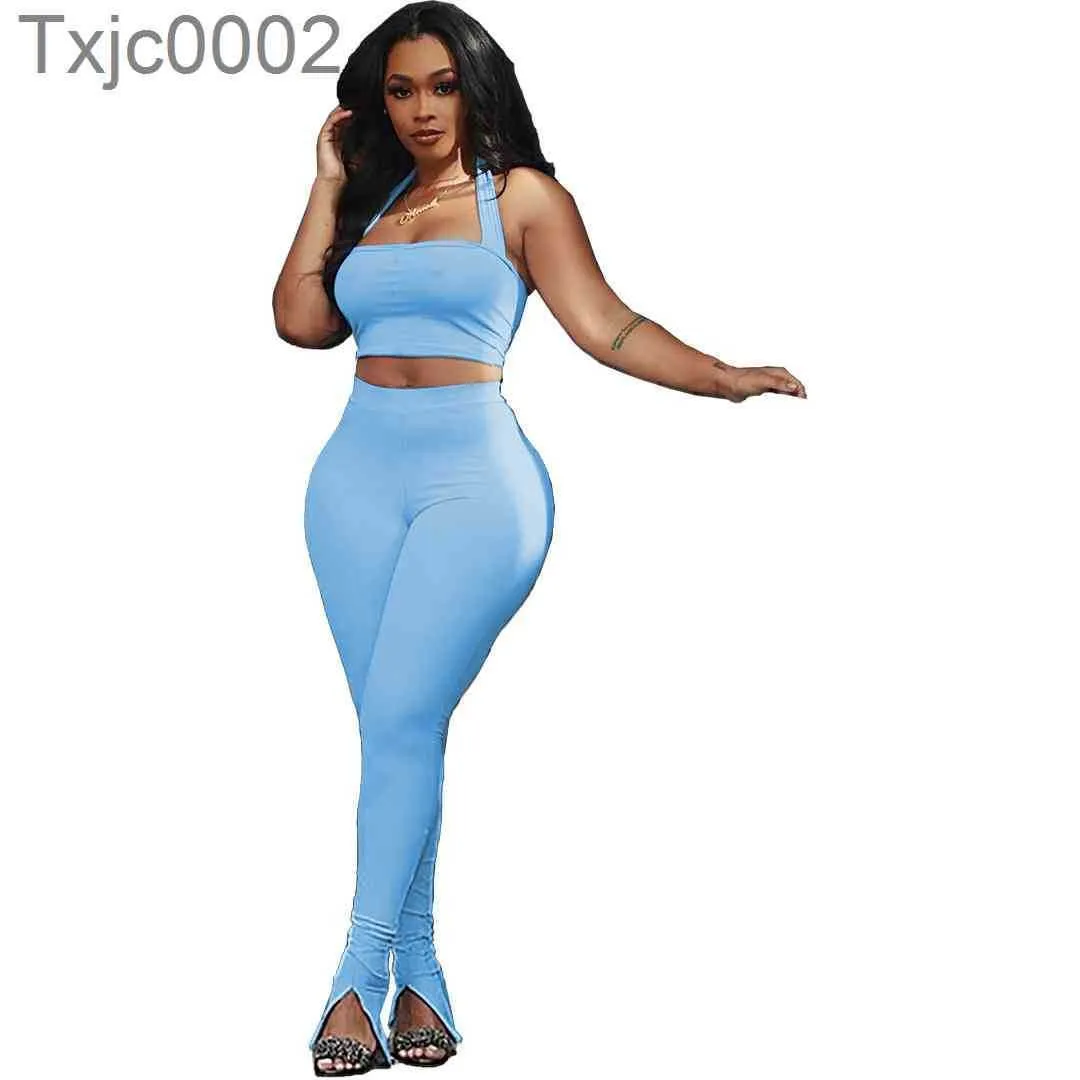 Femmes Survêtements Deux Pièces Pantalons Tenues Designer Couleur Unie Sexy Bretelles Sans Manches Tops Leggings Split Neckband Nightclubwear