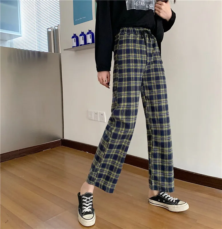 Femmes Plaid Large Jambe Pantalon Printemps Automne Mode Femme Taille Haute Lâche Casual Pantalon Droit Streetwear Pantalon de Survêtement 210423