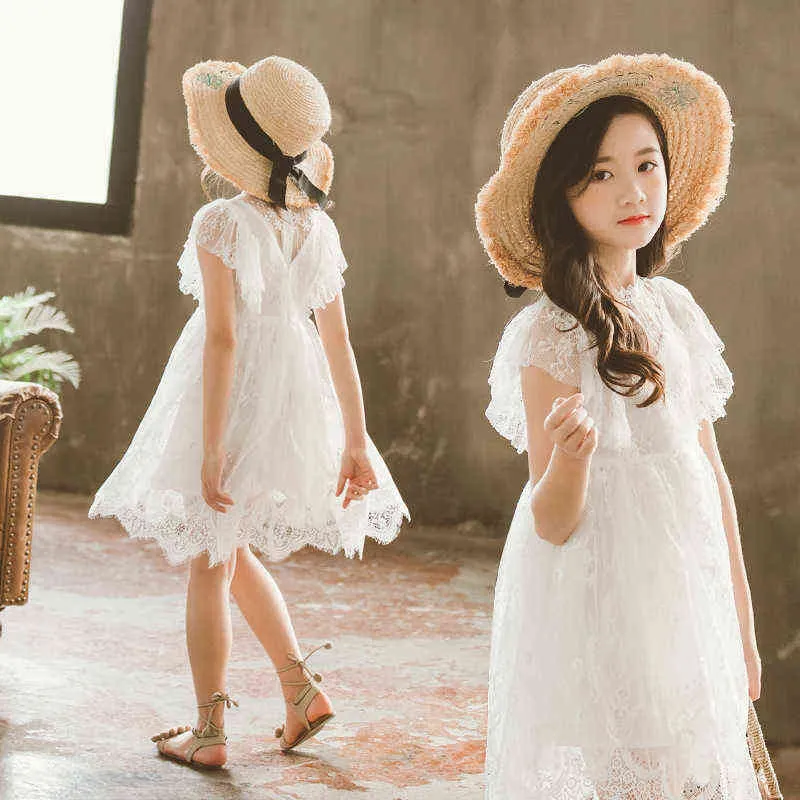 Flickor klänning sommar baby prinsessa klänningar bröllop födelsedagsfest kostym vit spets barn klänning för tjej 3 4 6 8 10 12 14 els G1218