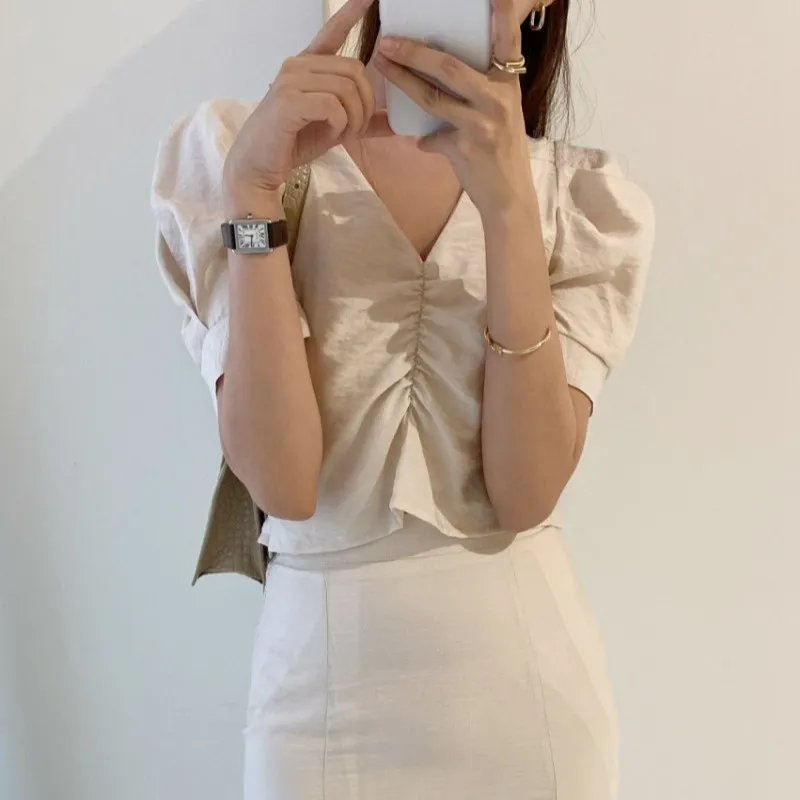 Set da 2 pezzi Donna Chic Abito coreano con scollo a V Camicia a pieghe Top a vita alta Gonne lunghe sottili Elegante Due Femme 210519
