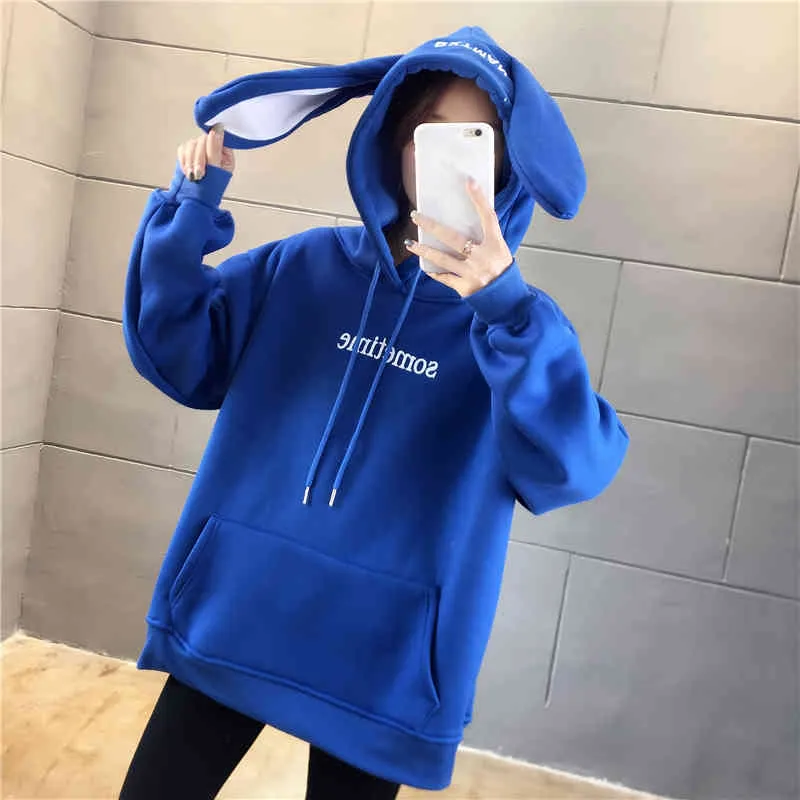 Vinter plus sammet förtjockade kanin öron hoodies kvinnor casual brev långärmad lös pullovers toppar damer 210514