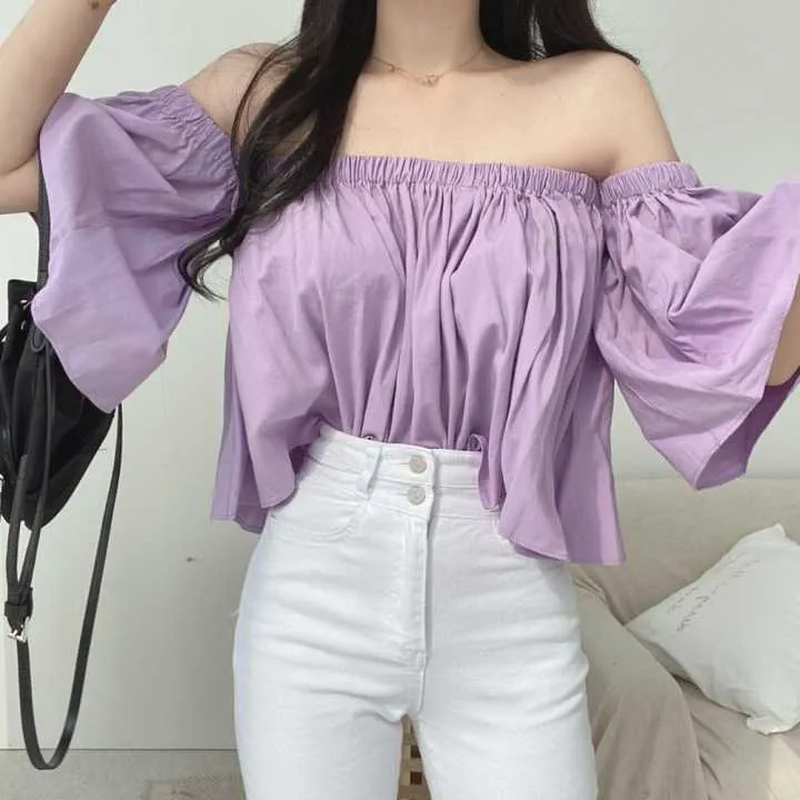 Koreański Chic Solidny Słodki Seksowny Slash Neck Purple Bluzka Kobiety Off Ramię Puff Krótki Rękaw Loose Tops Summer Shirts Blusas 210610