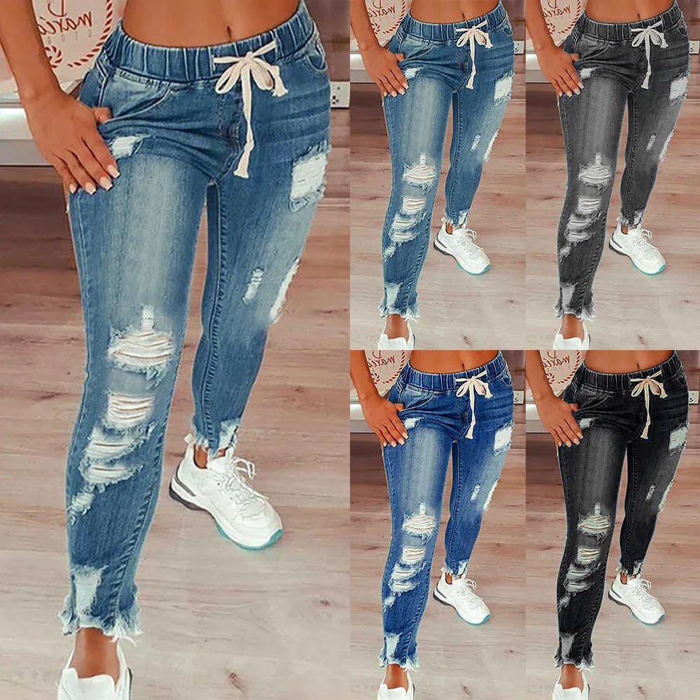 Women Drawstring Denim Long Pants Ripped Broken HolesSlim Fit Jeans Feminino Skinny Pockets Casual Full Length Pencil 210922