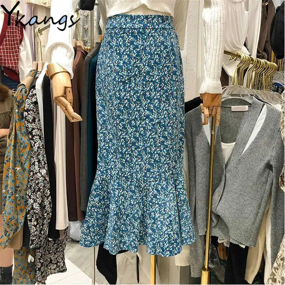 Falda Vintage de pana de sirena de cintura alta para mujer, falda elegante con estampado de flores a la cadera, falda larga acampanada Floral coreana, ropa de calle 210619